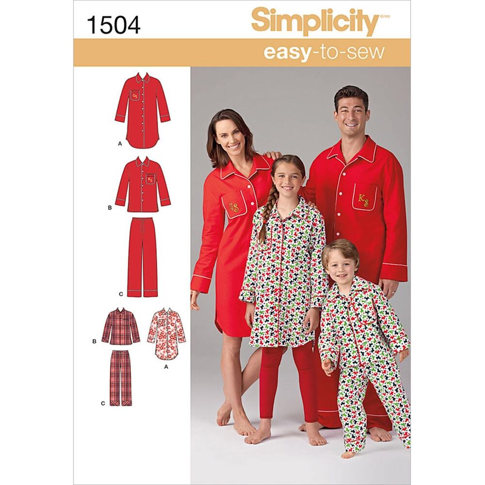 UNCUT Simplicity 1504A Easy-to-Sew Family Pajamas Sewing Pattern XS-XL Holidays